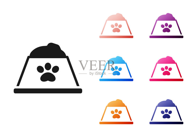 黑色宠物猫或狗食碗图标，白色背景。猫或狗爪印。彩色图标集。矢量图图标素材