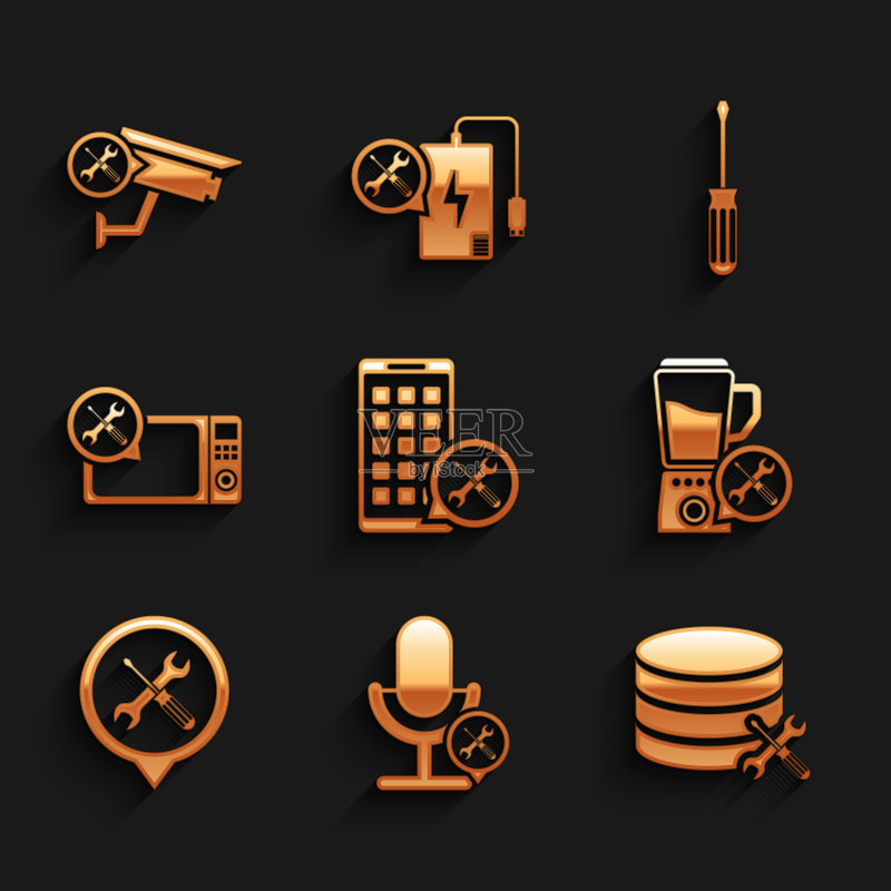 移动应用服务、麦克风、数据库服务器、搅拌机、定位、微波炉、螺丝刀和监控摄像头图标矢量素材图标素材