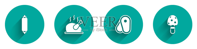 擀面杖、烤火鸡或鸡肉、牛排和毒蝇伞蘑菇图标矢量图图标素材