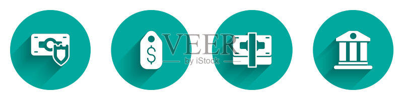 现金纸币堆、银行大楼和盾牌上的价格标签矢量图标图标素材