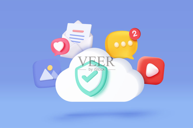 用于管理多媒体文件的3D媒体云，带有数据传输通知图标的图像和视频文件夹，3D云存储图标矢量渲染插图图标素材