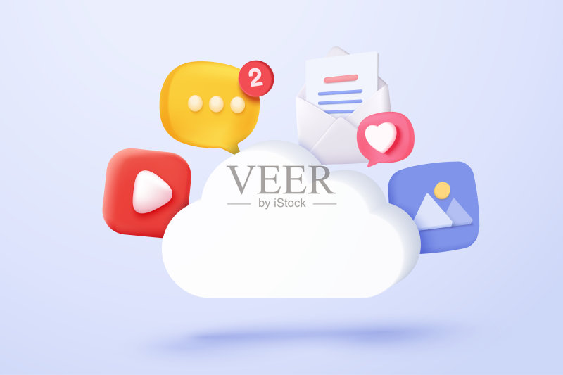 用于管理多媒体文件的3D媒体云，带有数据传输通知图标的图像和视频文件夹，3D云存储图标矢量渲染插图图标素材