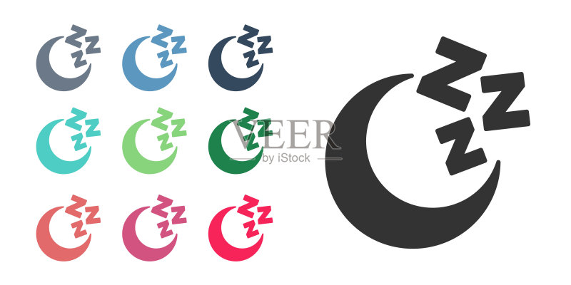 白色背景上的黑色月亮和星星图标，多云之夜睡眠梦境符号，矢量图形图标素材