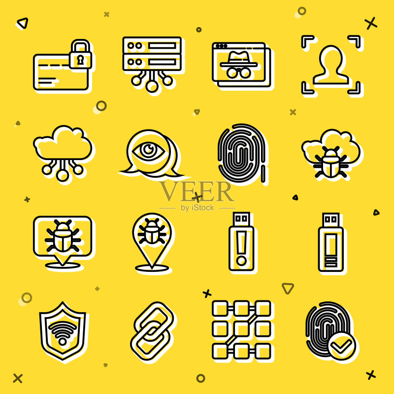 指纹、USB 闪存盘、云端系统错误、浏览器隐身窗口、眼睛扫描、物联网、带锁的信用卡和图标矢量图图标素材