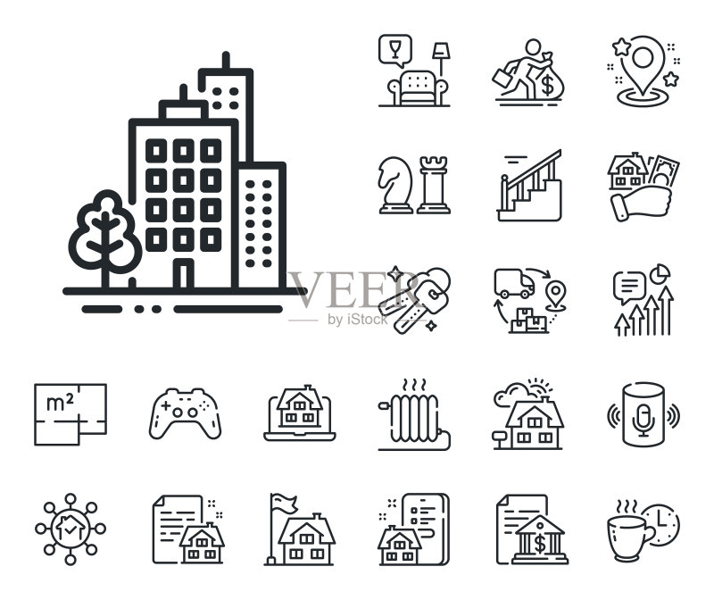 城市建筑与树木的建筑物线条图标图标素材