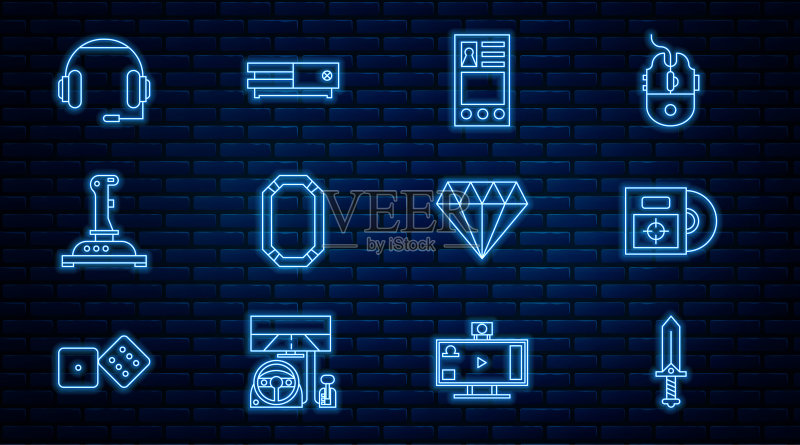 游戏剑、CD DVD光盘盒、创建帐户屏幕、扑克牌桌、操纵杆街机、耳机、钻石和视频游戏机图标矢量图图标素材
