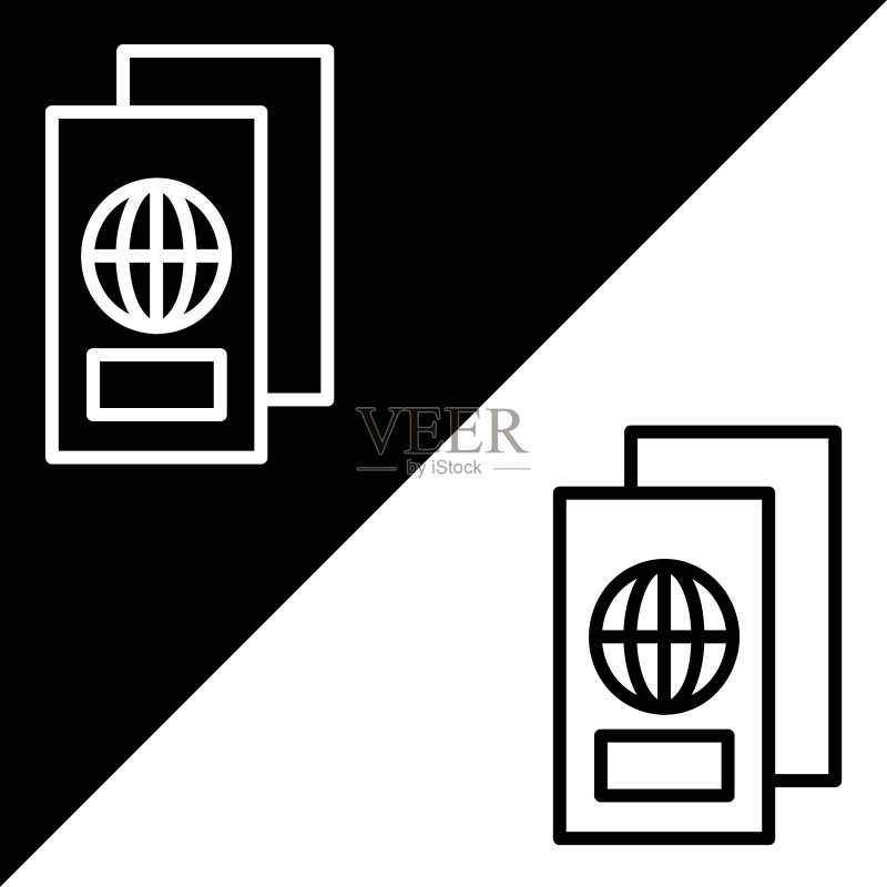 护照矢量图标轮廓样式，白色背景图标素材