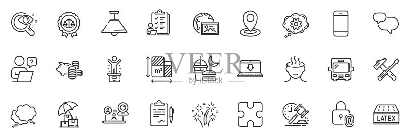 在线问题、小猪存钱罐和语音气泡线性图标包，适用于Web应用程序矢量素材图标素材