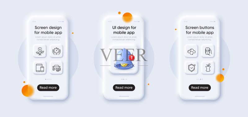 云同步、购车和约会App线性图标包。适用于Web应用。3D手机模型。矢量图标素材