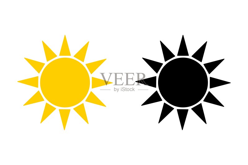 太阳图标集。用作天气、阳光、自然图标或标志的黄色太阳和黑色剪影矢量素材图标素材