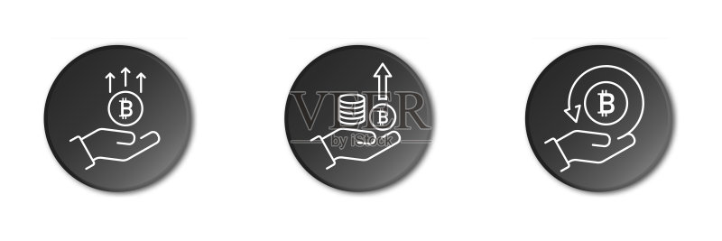 手中的比特币象形图。比特币增长图标。手中的硬币。金融增长图标。手和利润符号。商业。线性矢量图。图标素材