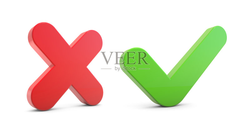 白色背景上的绿色对号和红色叉号3D图标图标素材