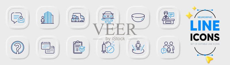 配送卡车、调查清单和家庭问题线性图标，用于Web应用程序。象形图图标。矢量图图标素材