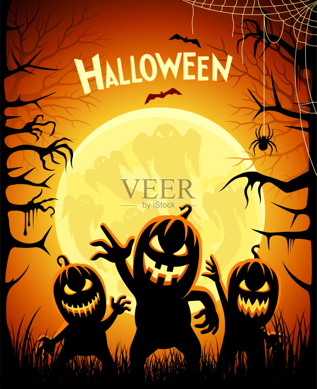 万圣节南瓜的怪物。月光下的设计。正版插画素材