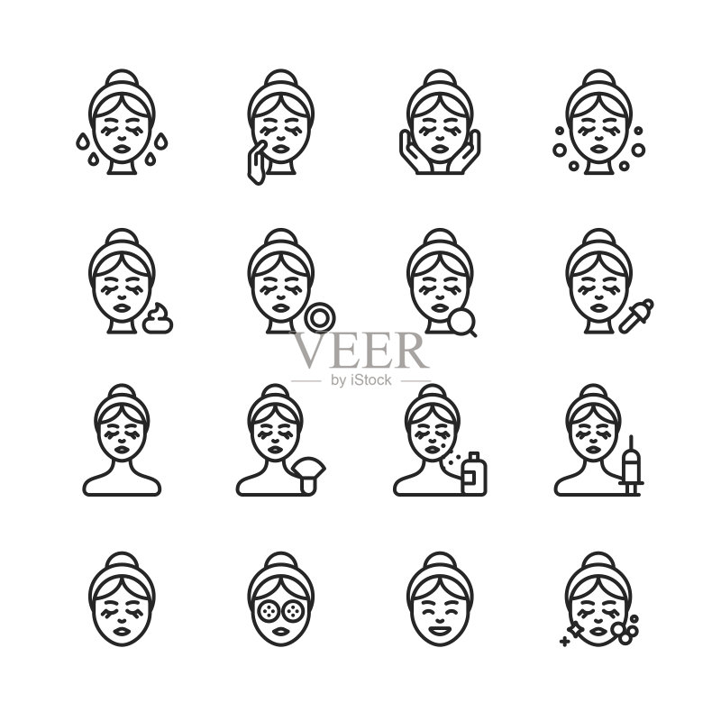 皮肤护理线性图标：可编辑描边，像素完美，适用于移动设备和网页，包含皮肤护理、水疗、化妆品、健康、化妆、卫生、保湿、皮肤病学、拉皮、沐浴、面膜、排毒、去角质、手术、皱纹、肥皂、香水等图标图标素材