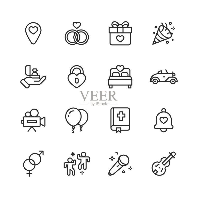 婚礼图标，可编辑描边，像素完美图标素材