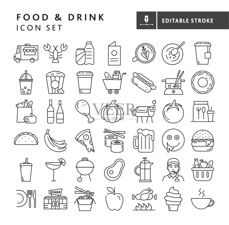 食品和饮料细线图标集：快餐、杂货、餐厅、餐车、水果、蔬菜、咖啡、啤酒 - 可编辑描边图标素材