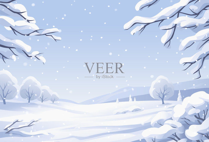 冬季景观与积雪覆盖的树木正版插画素材