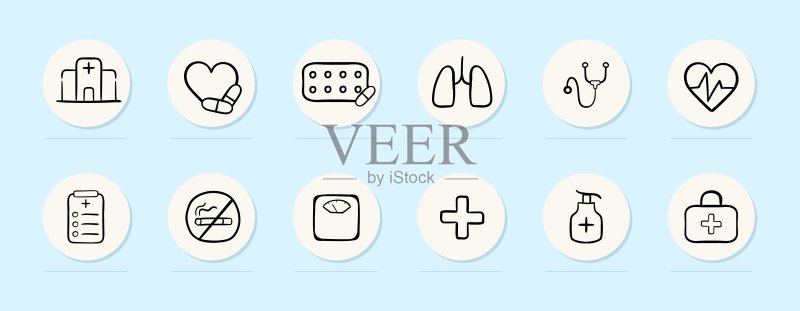 医院图标。医疗护理、医疗保健机构、患者治疗、医疗保健专业人员、医生。用于商业的矢量线条图标图标素材