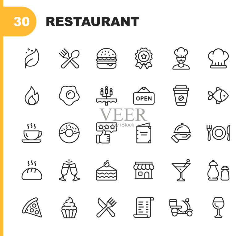 餐厅线性图标：可编辑描边，像素完美，包含纯素、烹饪、食品、饮料、快餐、饮食等图标图标素材