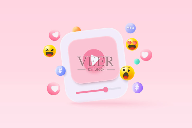 粉色背景中带有直播和情感的3D社交媒体，在线社交媒体播放视频以实现被动收入概念，3D直播娱乐矢量渲染插图图标素材