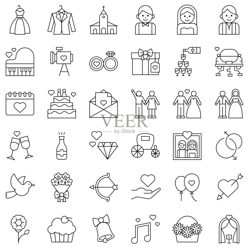 婚礼相关图标集（可编辑线条样式）图标素材