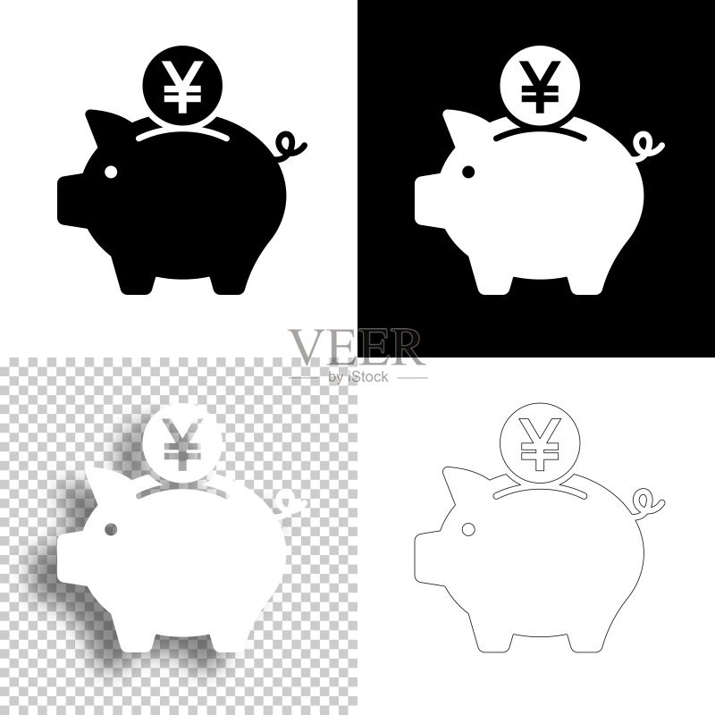 带有日元硬币的储蓄罐设计图标，白色和黑色背景线稿图标素材