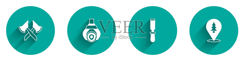 木斧、抓斗起重机抓取原木、凿子工具和森林位置长阴影图标矢量图图标素材