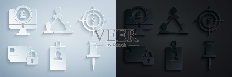 身份识别牌和美元目标信用卡锁项目团队电脑显示器英镑图标矢量图图标素材