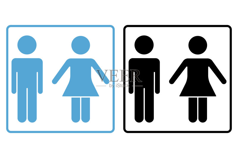 男女图标：与卫生间、更衣室、浴室相关的标志，实心图标风格设计，简单的可编辑矢量设计图标素材