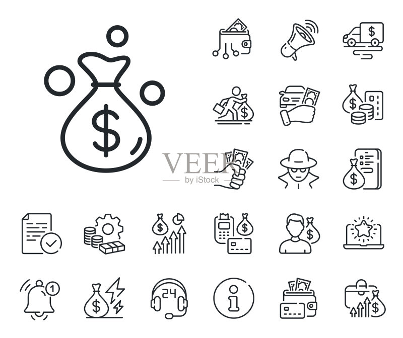 钱袋线性图标：现金硬币标志图标素材