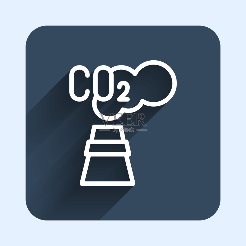 云中的二氧化碳排放图标，长阴影背景蓝色方形按钮矢量素材图标素材