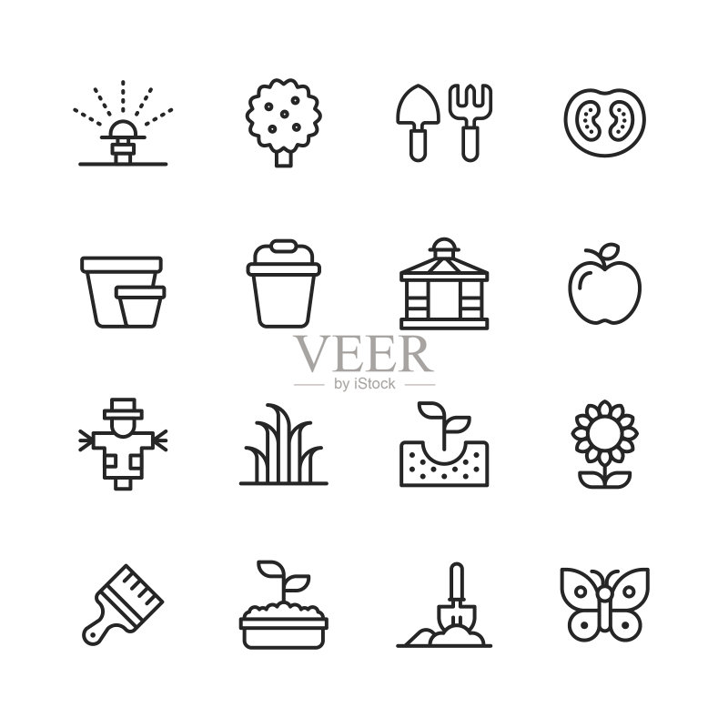 花园线性图标，可编辑描边，像素完美，适用于移动和Web，包含喷水器、水、灌溉、树木、农业、水果、草叉、园艺铲、番茄、水桶、凉亭、稻草人、草、种子、土壤、花、蝴蝶等图标图标素材