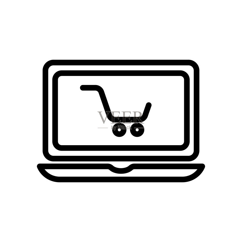 带购物车的笔记本电脑图标矢量图，在线购物、网上商店，线性图标风格，简约设计插画可编辑图标素材