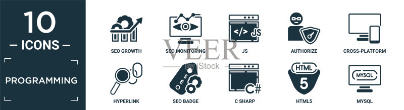 编程图标集：包含SEO增长、SEO监控、JS、授权、跨平台、超链接、SEO徽章、C Sharp、HTML5、MySQL等扁平化可编辑格式图标图标素材