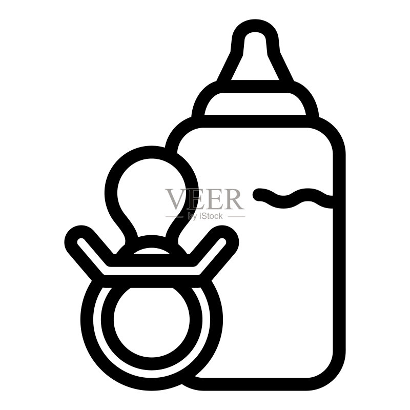 奶瓶和奶嘴线条图标。一组婴儿奶瓶和婴儿奶嘴，用于在白色背景上绘制轮廓样式的象形图。母性标志移动概念网页设计。矢量图形。图标素材