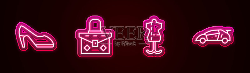 女士鞋子、手提包、人体模型和赛车霓虹灯图标矢量素材图标素材