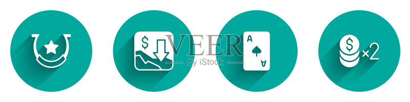 马蹄铁、金融增长下降、黑桃扑克牌和赌场筹码美元图标（带长阴影）。矢量图图标素材