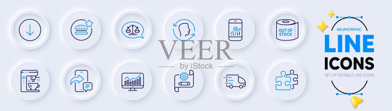 向下滚动、智能手机统计和卫生纸线性图标，适用于Web应用。象形图图标。矢量图标素材