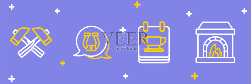铁匠炉、铁砧工具、马蹄铁和交叉锤子图标图标素材