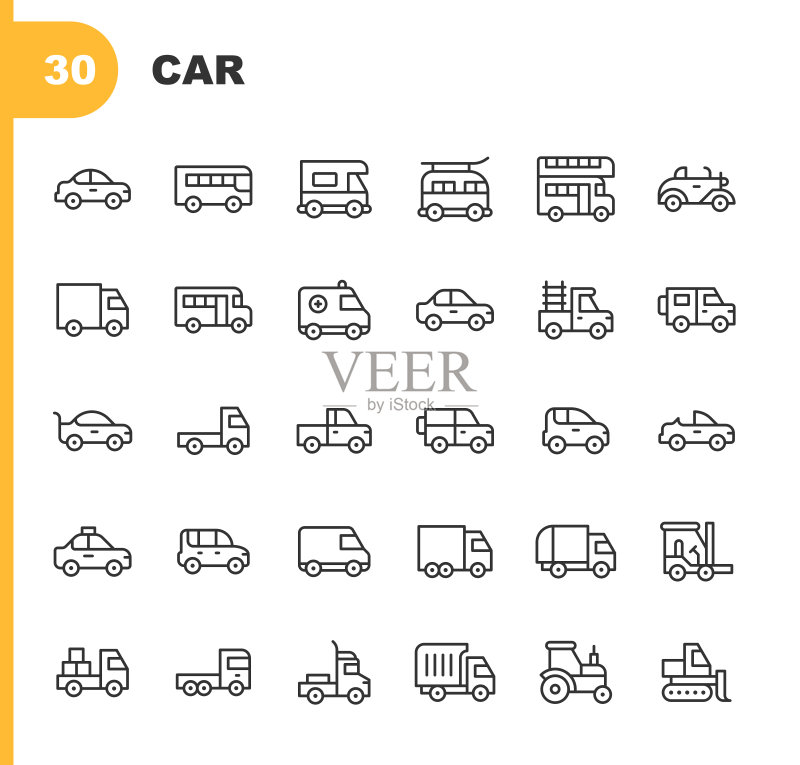 汽车线条图标，可编辑笔触，包含救护车、汽车、公共汽车、驾驶、电动汽车、引擎、混合动力、工业、物流、豪华、赛车、道路、轿车、出租车、拖拉机、交通、运输、旅行、卡车、厢型车、车辆、车轮等图标图标素材