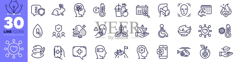 华氏温度计、医疗食品和树叶线条图标合集（矢量图，适用于网页应用）图标素材