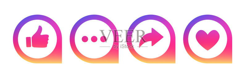 3D风格渐变对话气泡，社交媒体UI图标：点赞、评论、分享和保存，用于网站和宣传材料的博客概念矢量素材图标素材