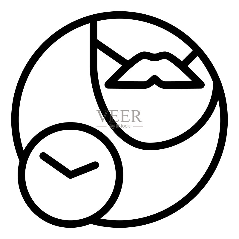 胡子和时钟线条图标：白色背景剃须时间矢量插画图标素材