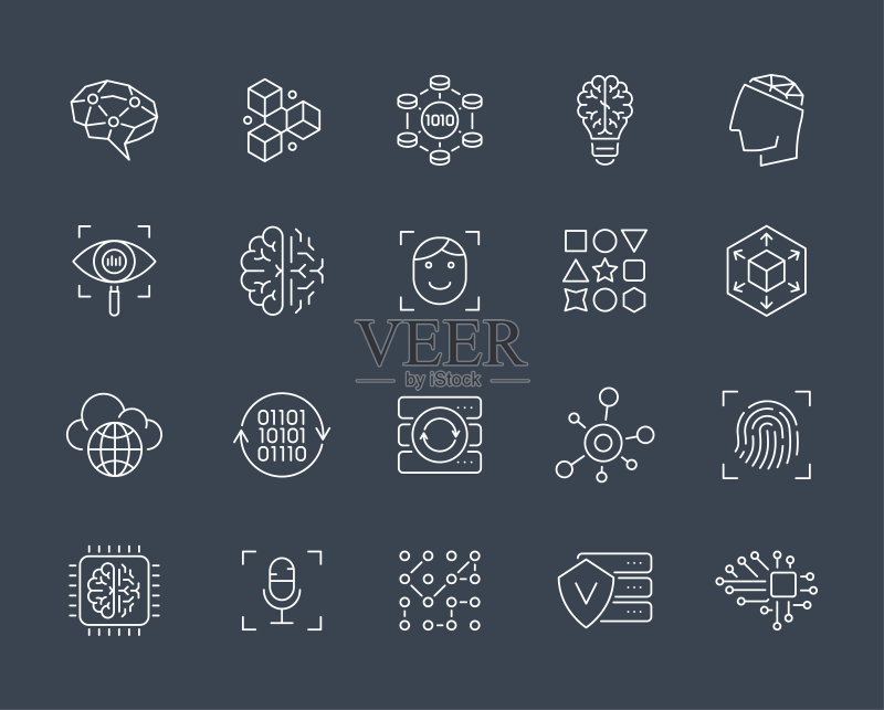 人工智能线性图标。可编辑笔触。矢量素材插图。深色背景图标素材