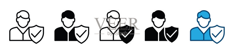 保险中介图标：带有盾牌保护的人员，适用于应用程序和网站的矢量插图图标素材