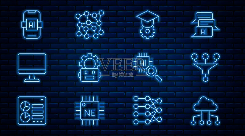 网络云连接、漏斗过滤器、毕业帽、机器人设置、电脑显示器、人工智能AI、处理器CPU和神经网络图标。矢量素材图标素材