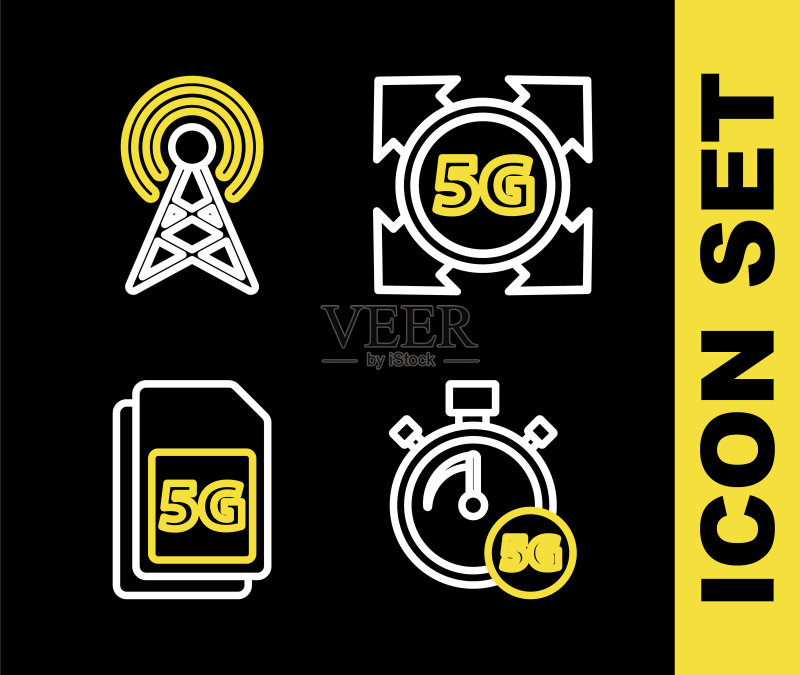 5G网络、数字速度计、SIM卡与天线图标组合矢量图图标素材
