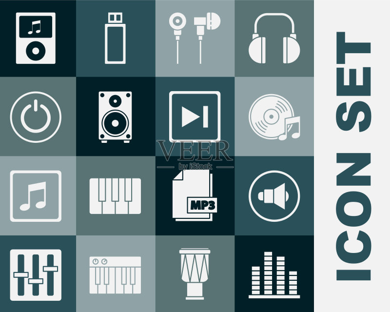音乐均衡器、扬声器和黑胶唱片素材图标素材