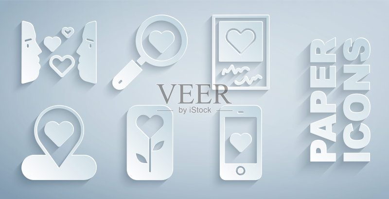玫瑰花、相框和心形、带位置标记、手机、搜索爱和一见钟情图标矢量图图标素材